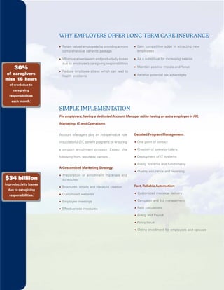 WHY EMPLOYERS OFFER LONG TERM CARE INSURANCE
                           Retain valued employees by providing a more      Gain competitive edge in attracting new
                           comprehensive benefits package                   employees

                           Minimize absenteeism and productivity losses     As a substitute for increasing salaries
                           due to employee’s caregiving responsibilities
      30%                                                                   Maintain positive morale and focus
                           Reduce employee stress which can lead to
of caregivers                                                               Receive potential tax advantages
                           health problems
miss 16 hours
   of work due to
     caregiving
  responsibilities
    each month.4

                         SIMPLE IMPLEMENTATION
                         For employers, having a dedicated Account Manager is like having an extra employee in HR,

                         Marketing, IT, and Operations.


                         Account Managers play an indispensable role       Detailed Program Management:

                         in successful LTC benefit programs by ensuring     One point of contact

                         a smooth enrollment process. Expect the            Creation of operation plans

                         following from reputable carriers...               Deployment of IT systems

                                                                            Billing systems and functionality
                         A Customized Marketing Strategy:
                                                                            Quality assurance and reporting
                           Preparation of enrollment materials and
$34 billiion               schedules
in productivity losses                                                     Fast, Reliable Automation:
                           Brochures, emails and literature creation
  due to caregiving
                           Customized websites                               Customized message delivery
  responsibilities.12
                           Employee meetings                                Campaign and list management

                           Effectiveness measures                           Rate calculations

                                                                            Billing and Payroll

                                                                            Policy Issue

                                                                            Online enrollment for employees and spouses
 