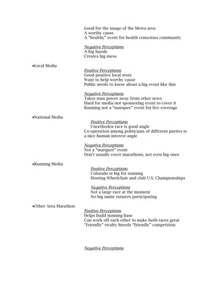 Good for the image of the Metro area
                       A worthy cause
                       A “healthy” event for health conscious community

                       Negative Perceptions
                       A big hassle
                       Creates big mess

•Local Media
                       Positive Perceptions
                       Good positive local story
                       Want to help worthy cause
                       Public needs to know about a big event like this

                       Negative Perceptions
                       Takes man power away from other news
                       Hard for media not sponsoring event to cover it
                       Running not a “marquee” event for live coverage

•National Media
                           Positive Perceptions
                           Unorthodox race is good angle
                       Co-operation among politicians of different parties is
                       a nice human interest angle

                       Negative Perceptions
                       Not a “marquee” event
                       Don’t usually cover marathons, not even big ones

•Running Media
                          Positive Perceptions
                          Colorado is big for running
                          Hosting Wheelchair and club U.S. Championships

                          Negative Perceptions
                          Not a large race at the moment
                          No big name runners participating

•Other Area Marathon
                       Positive Perceptions
                       Helps build running base
                       Can work off each other to make both races great
                       “Friendly” rivalry breeds “friendly” competition




                       Negative Perceptions
 