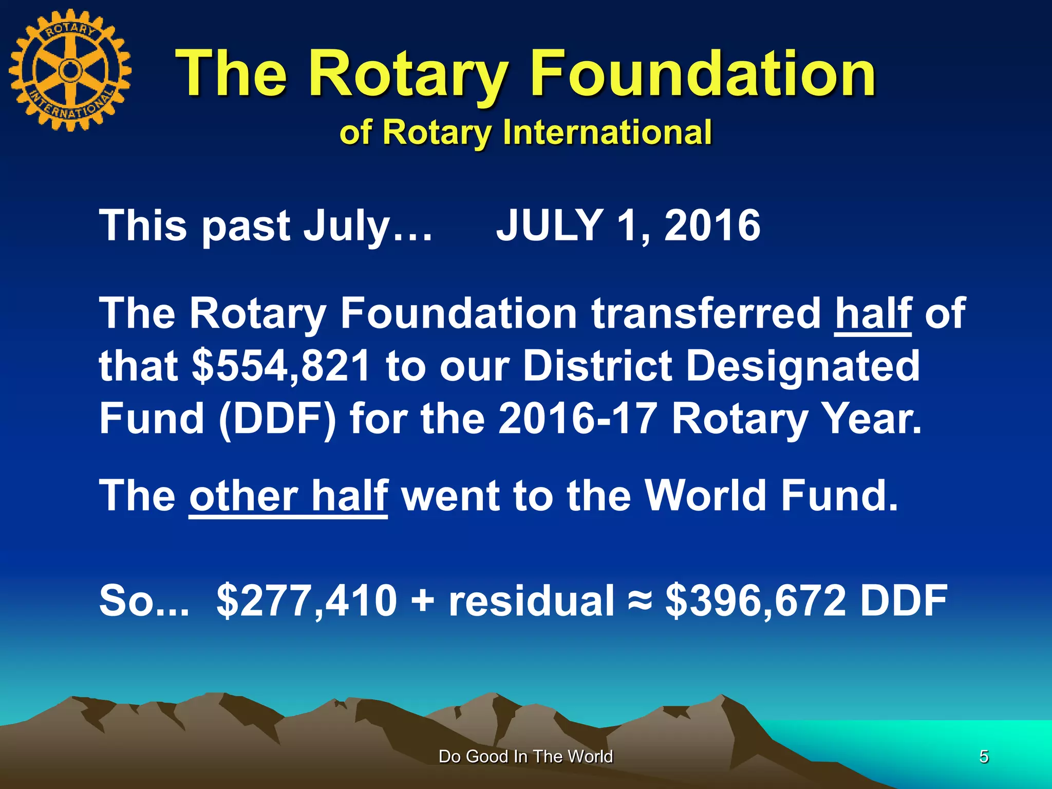 The Rotary Foundation
of Rotary International
Do Good In The World 5
This past July… JULY 1, 2016
The Rotary Foundation transferred half of
that $554,821 to our District Designated
Fund (DDF) for the 2016-17 Rotary Year.
The other half went to the World Fund.
So... $277,410 + residual ≈ $396,672 DDF
 
