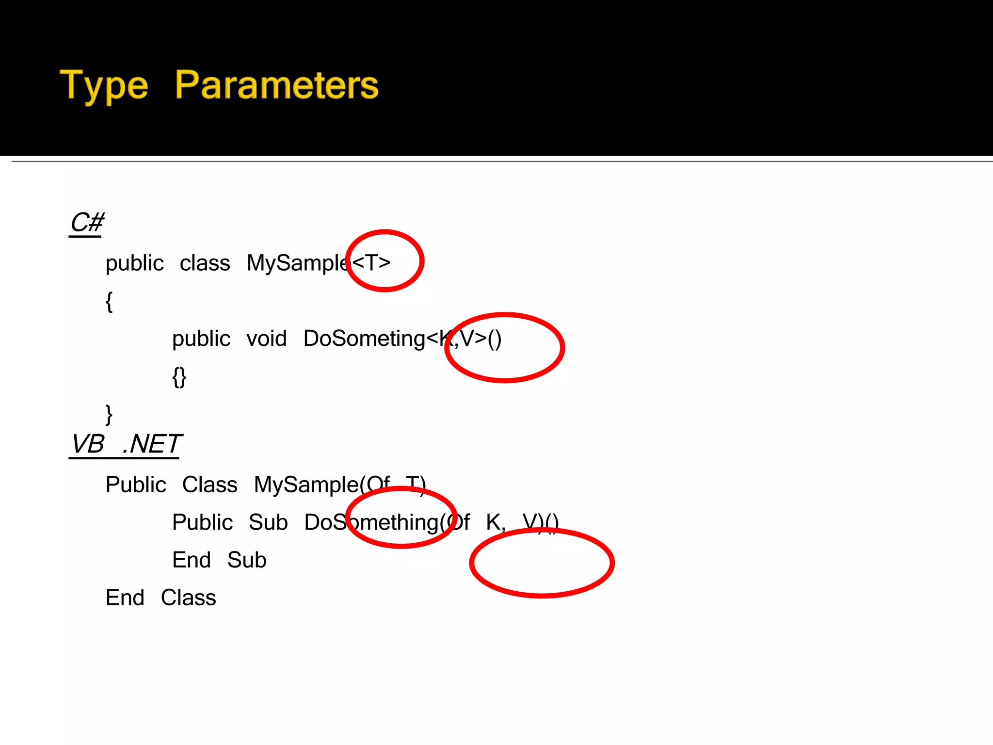 C# public class MySample<T> {        public void DoSometing<K,V>()        {} } VB .NET Public Class MySample(Of T)        Public Sub DoSomething(Of K, V)()        End Sub End Class 