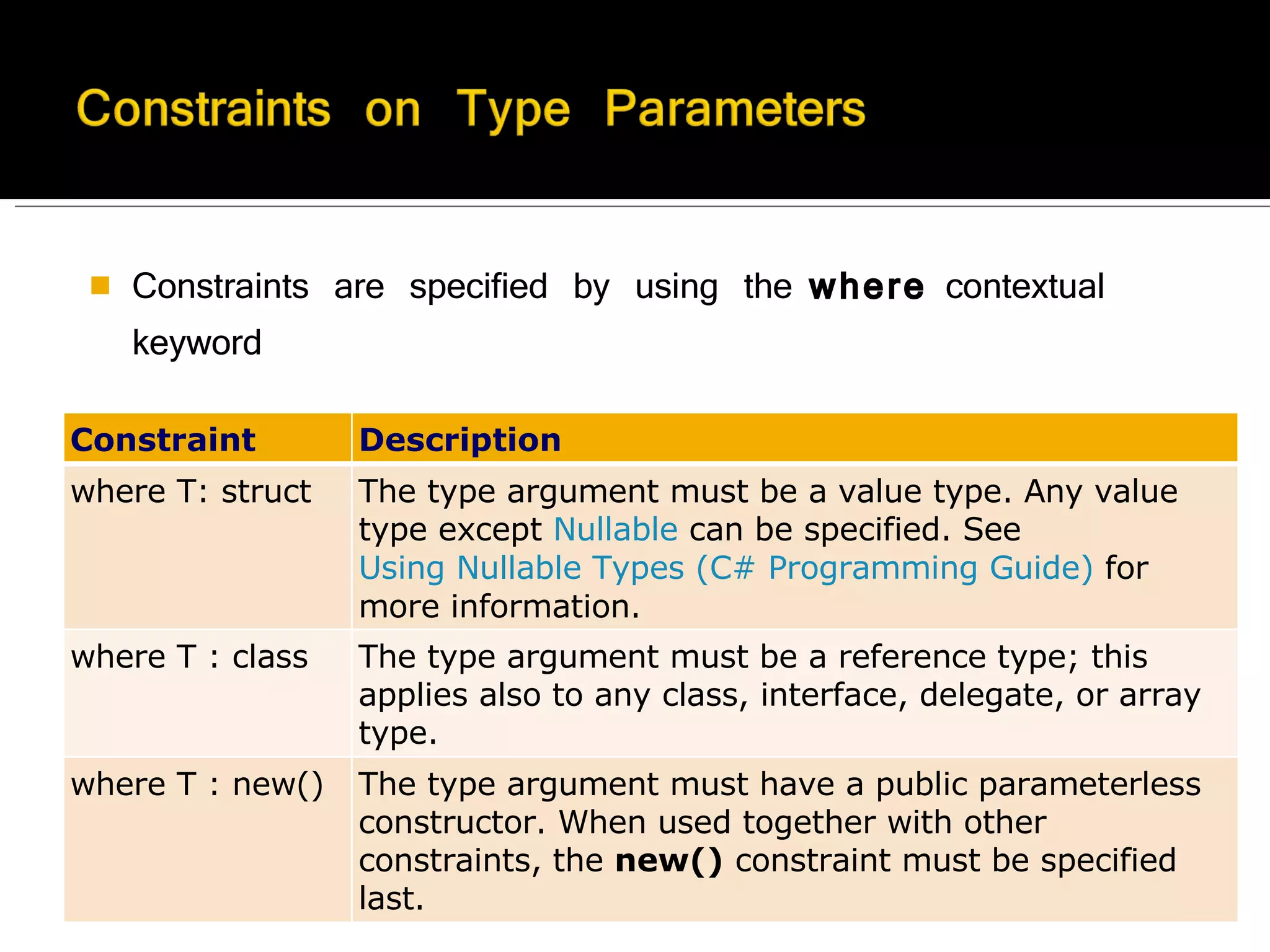 Constraints are specified by using the  where  contextual keyword  Constraint Description where T: struct The type argument must be a value type. Any value type except  Nullable  can be specified. See  Using Nullable Types (C# Programming Guide)  for more information. where T : class The type argument must be a reference type; this applies also to any class, interface, delegate, or array type. where T : new() The type argument must have a public parameterless constructor. When used together with other constraints, the  new()  constraint must be specified last. 
