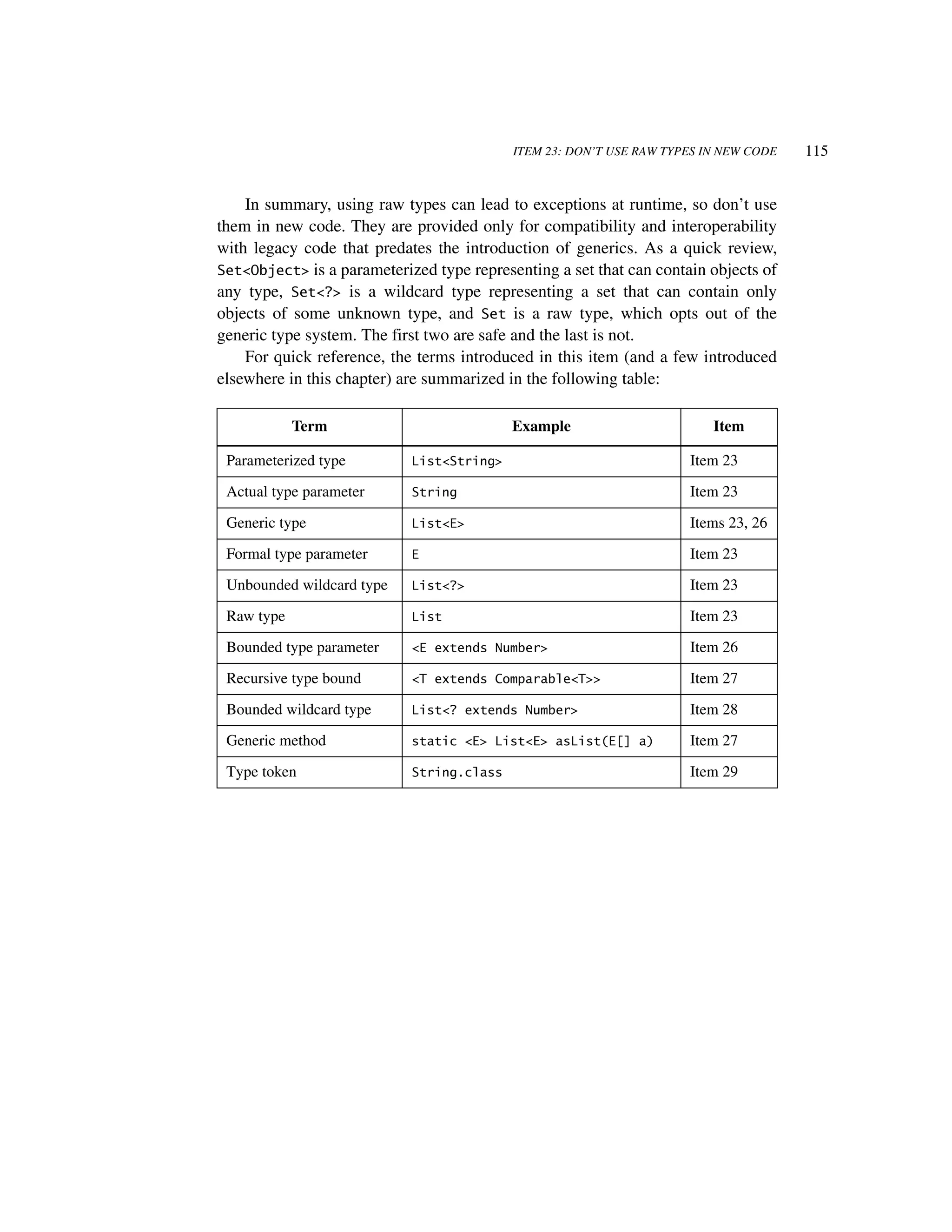 ITEM 23: DON’T USE RAW TYPES IN NEW CODE   115


    In summary, using raw types can lead to exceptions at runtime, so don’t use
them in new code. They are provided only for compatibility and interoperability
with legacy code that predates the introduction of generics. As a quick review,
Set<Object> is a parameterized type representing a set that can contain objects of
any type, Set<?> is a wildcard type representing a set that can contain only
objects of some unknown type, and Set is a raw type, which opts out of the
generic type system. The first two are safe and the last is not.
    For quick reference, the terms introduced in this item (and a few introduced
elsewhere in this chapter) are summarized in the following table:

            Term                           Example                       Item

 Parameterized type         List<String>                             Item 23

 Actual type parameter      String                                   Item 23

 Generic type               List<E>                                  Items 23, 26

 Formal type parameter      E                                        Item 23

 Unbounded wildcard type    List<?>                                  Item 23

 Raw type                   List                                     Item 23

 Bounded type parameter     <E extends Number>                       Item 26

 Recursive type bound       <T extends Comparable<T>>                Item 27

 Bounded wildcard type      List<? extends Number>                   Item 28

 Generic method             static <E> List<E> asList(E[] a)         Item 27

 Type token                 String.class                             Item 29
 