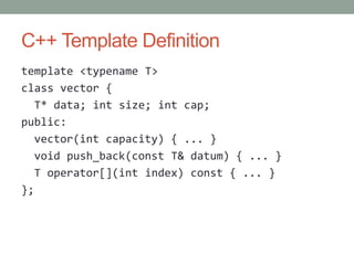 C++ Template Definition
template <typename T>
class vector {
  T* data; int size; int cap;
public:
  vector(int capacity) { ... }
  void push_back(const T& datum) { ... }
  T operator[](int index) const { ... }
};
 