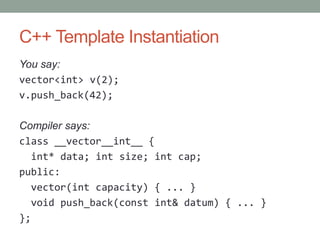 C++ Template Instantiation
You say:
vector<int> v(2);
v.push_back(42);

Compiler says:
class __vector__int__ {
  int* data; int size; int cap;
public:
  vector(int capacity) { ... }
  void push_back(const int& datum) { ... }
};
 