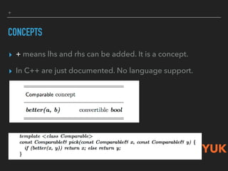 +
CONCEPTS
▸ + means lhs and rhs can be added. It is a concept.
▸ In C++ are just documented. No language support.
YUK
 