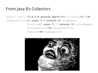 public static <T,K,U,M extends Map<K,U>> Collector<T,?,M>
toMap(Function<? super T,? extends K> keyMapper,
Function<? super T, ? extends U> valueMapper,
BinaryOperator<U> mergeFunction,
Supplier<M> mapSupplier)
From Java 8’s Collectors
 