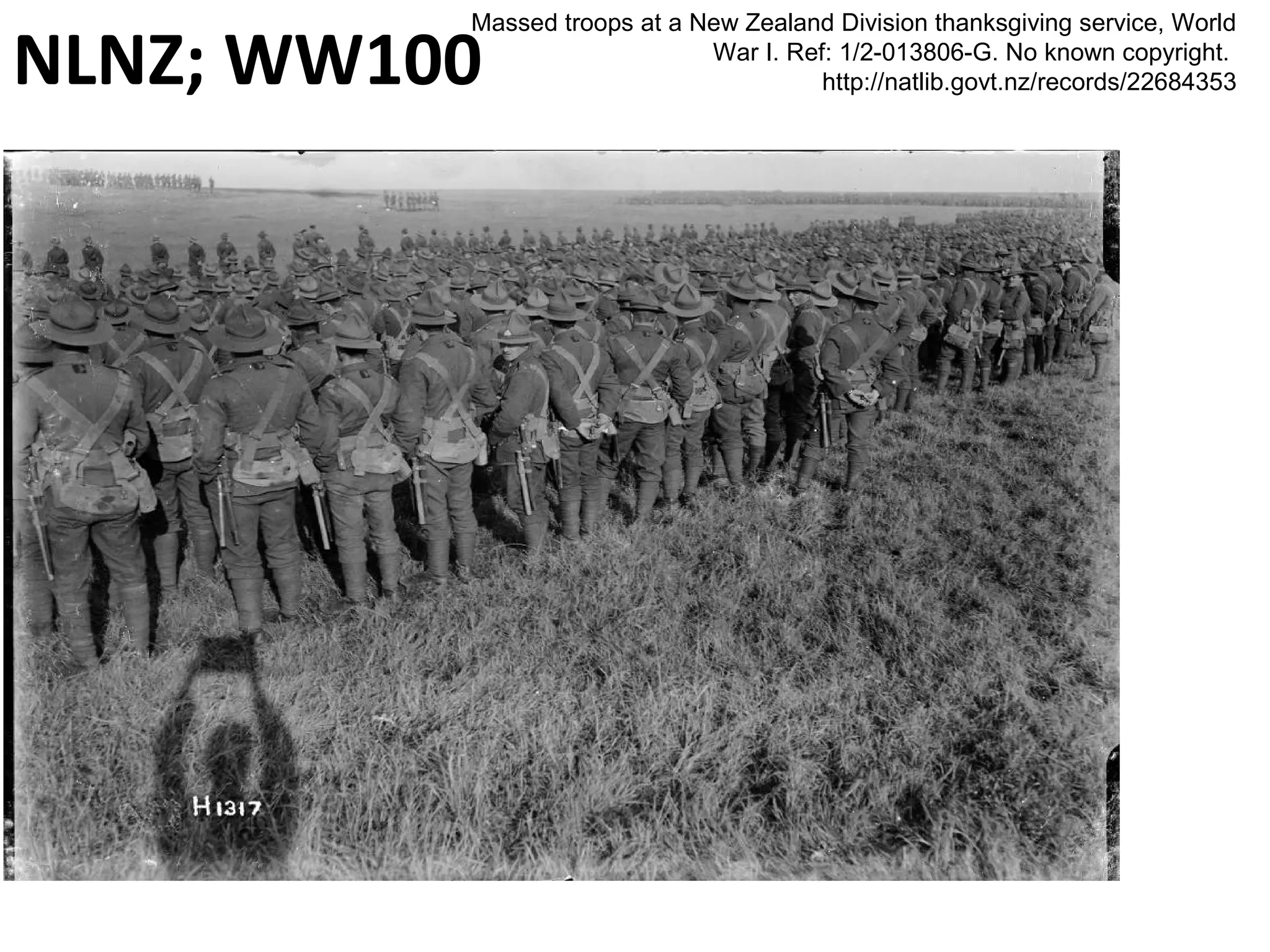 Massed troops at a New Zealand Division thanksgiving service, World 
NLNZ; WW100 
War I. Ref: 1/2-013806-G. No known copyright. 
http://natlib.govt.nz/records/22684353  