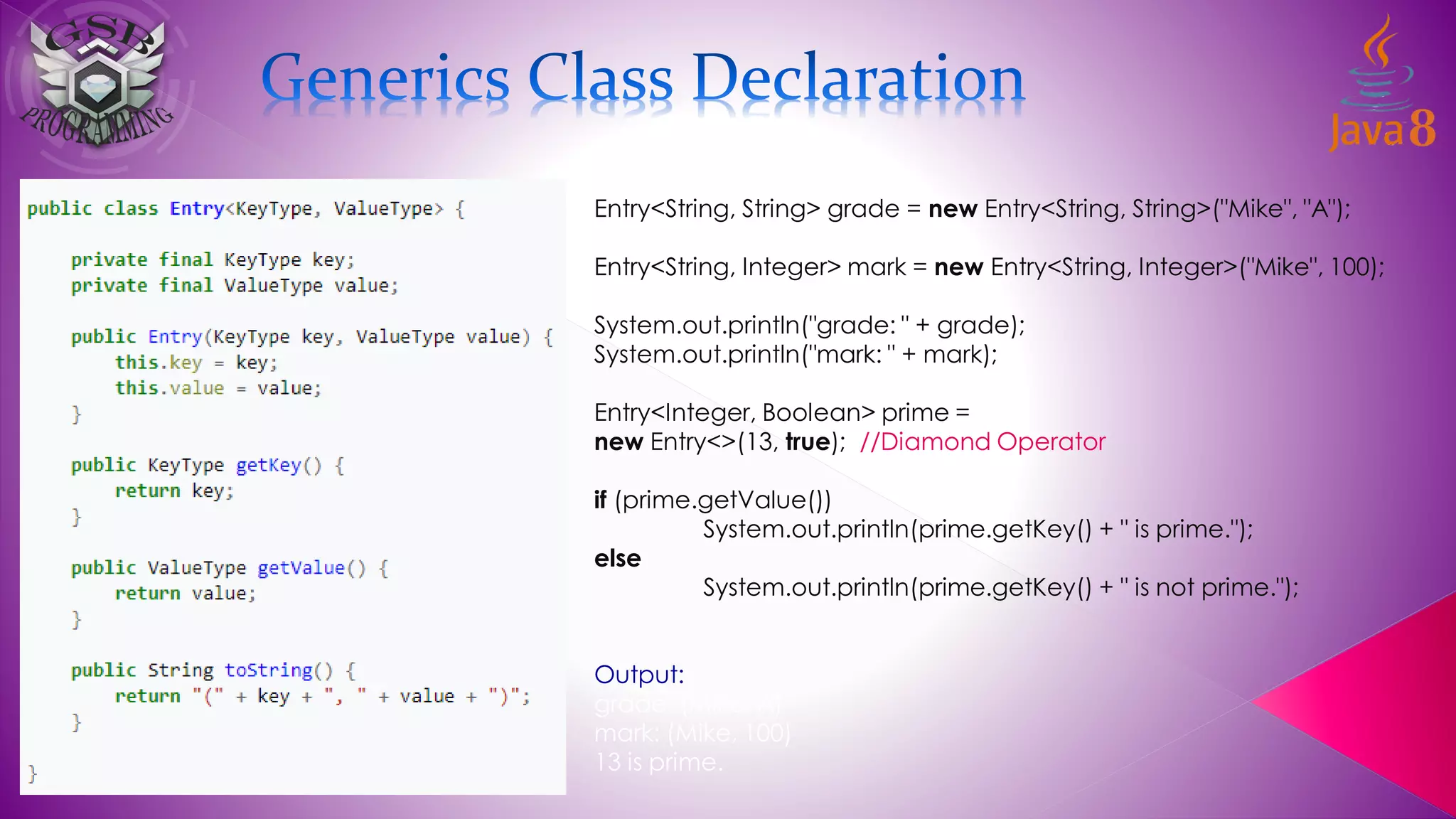 Entry<String, String> grade = new Entry<String, String>("Mike", "A");
Entry<String, Integer> mark = new Entry<String, Integer>("Mike", 100);
System.out.println("grade: " + grade);
System.out.println("mark: " + mark);
Entry<Integer, Boolean> prime =
new Entry<>(13, true); //Diamond Operator
if (prime.getValue())
System.out.println(prime.getKey() + " is prime.");
else
System.out.println(prime.getKey() + " is not prime.");
Output:
grade: (Mike, A)
mark: (Mike, 100)
13 is prime.
 