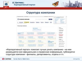 Структура компании




«Корпоративный портал» помогает лучше узнать компанию - на нем
размещается вся официальная и справочная информация, публикуется
структура компании - филиалы, департаменты, отделы и т.п.
 