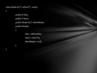 class Node<K,T> where T : new()
{
         public K Key;
         public T Item;
         public Node<K,T> NextNode;
         public Node()
         {
                   Key = default(K);
                   Item = new T();
                   NextNode = null;
         }
}
 