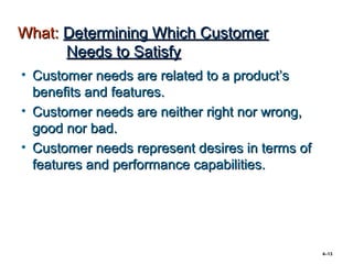 What: Determining Which Customer
      Needs to Satisfy
• Customer needs are related to a product’s
  benefits and features.
• Customer needs are neither right nor wrong,
  good nor bad.
• Customer needs represent desires in terms of
  features and performance capabilities.




                                                 4–13
 