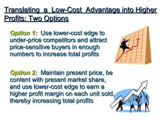 Translating a Low-Cost Advantage into Higher
Profits: Two Options

 Option 1: Use lower-cost edge to
 under-price competitors and attract
 price-sensitive buyers in enough
 numbers to increase total profits

 Option 2: Maintain present price, be
 content with present market share,
 and use lower-cost edge to earn a
 higher profit margin on each unit sold,
 thereby increasing total profits
 