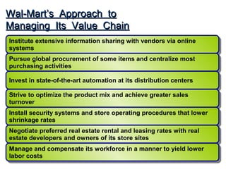 Wal-Mart’s Approach to
Managing Its Value Chain
Institute extensive information sharing with vendors via online
 Institute extensive information sharing with vendors via online
systems
 systems
Pursue global procurement of some items and centralize most
 Pursue global procurement of some items and centralize most
purchasing activities
 purchasing activities

Invest in state-of-the-art automation at its distribution centers
 Invest in state-of-the-art automation at its distribution centers

Strive to optimize the product mix and achieve greater sales
 Strive to optimize the product mix and achieve greater sales
turnover
 turnover
Install security systems and store operating procedures that lower
 Install security systems and store operating procedures that lower
shrinkage rates
 shrinkage rates
Negotiate preferred real estate rental and leasing rates with real
 Negotiate preferred real estate rental and leasing rates with real
estate developers and owners of its store sites
 estate developers and owners of its store sites
Manage and compensate its workforce in a manner to yield lower
 Manage and compensate its workforce in a manner to yield lower
labor costs
 labor costs
 