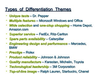 Types of Differentiation Themes
•   Unique taste – Dr. Pepper
•   Multiple features – Microsoft Windows and Office
•   Wide selection and one-stop shopping – Home Depot,
    Amazon.com
•   Superior service -- FedEx, Ritz-Carlton
•   Spare parts availability – Caterpillar
•   Engineering design and performance – Mercedes,
    BMW
•   Prestige – Rolex
•   Product reliability – Johnson & Johnson
•   Quality manufacture – Karastan, Michelin, Toyota
•   Technological leadership – 3M Corporation
•   Top-of-line image – Ralph Lauren, Starbucks, Chanel
 