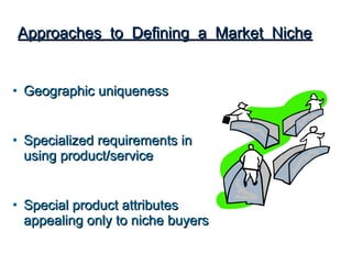 Approaches to Defining a Market Niche


• Geographic uniqueness


• Specialized requirements in
  using product/service


• Special product attributes
  appealing only to niche buyers
 