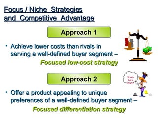 Focus / Niche Strategies
and Competitive Advantage

                   Approach 1

• Achieve lower costs than rivals in
  serving a well-defined buyer segment –
             Focused low-cost strategy

                   Approach 2               Which
                                            hat is
                                           unique?




• Offer a product appealing to unique
  preferences of a well-defined buyer segment –
          Focused differentiation strategy
 