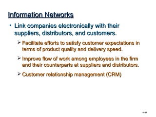 Information Networks
• Link companies electronically with their
  suppliers, distributors, and customers.
   Facilitate efforts to satisfy customer expectations in
    terms of product quality and delivery speed.
   Improve flow of work among employees in the firm
    and their counterparts at suppliers and distributors.
   Customer relationship management (CRM)




                                                             4–81
 