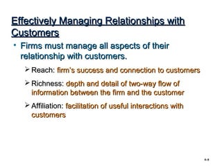 Effectively Managing Relationships with
Customers
• Firms must manage all aspects of their
  relationship with customers.
   Reach: firm’s success and connection to customers
   Richness: depth and detail of two-way flow of
    information between the firm and the customer
   Affiliation: facilitation of useful interactions with
    customers




                                                            4–9
 