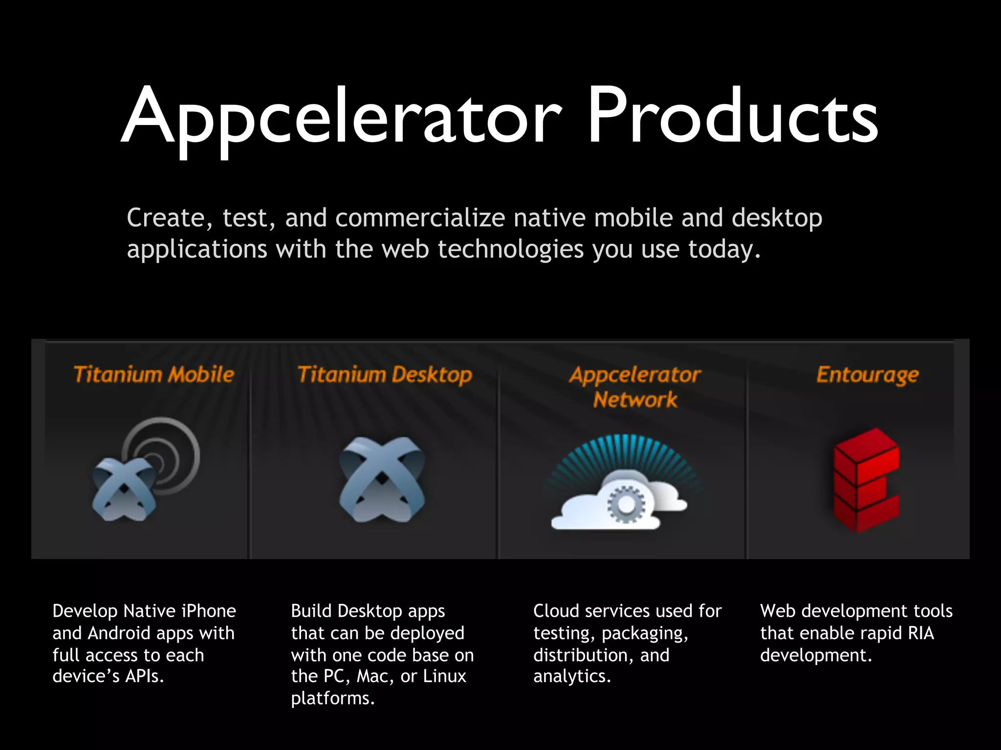 Appcelerator Products
        Create, test, and commercialize native mobile and desktop
        applications with the web technologies you use today.




Develop Native iPhone   Build Desktop apps      Cloud services used for   Web development tools
and Android apps with   that can be deployed    testing, packaging,       that enable rapid RIA
full access to each     with one code base on   distribution, and         development.
device’s APIs.          the PC, Mac, or Linux   analytics.
                        platforms.
 