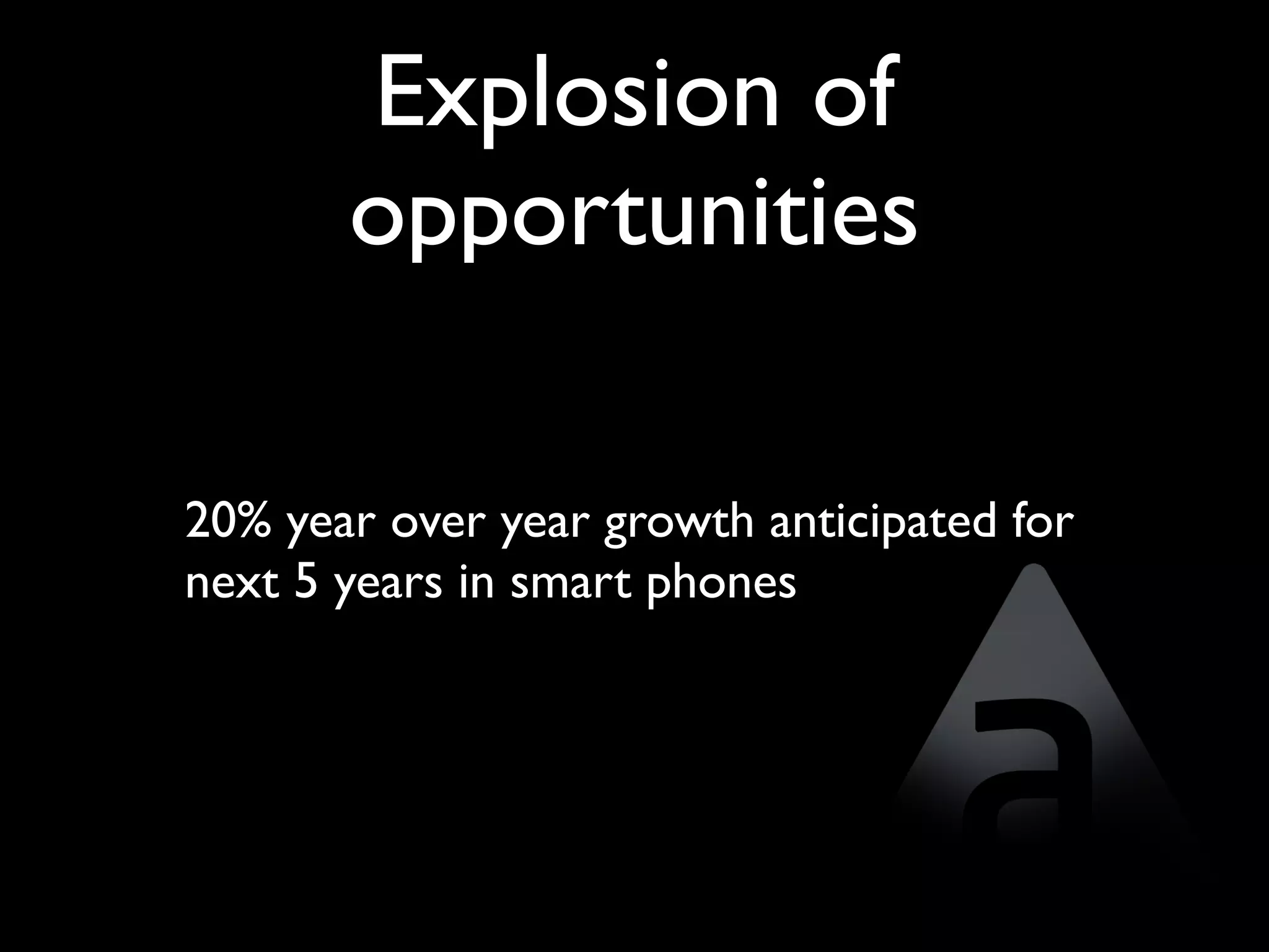 Explosion of
       opportunities

20% year over year growth anticipated for
next 5 years in smart phones
 