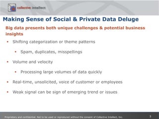 Making Sense of Social & Private Data DelugeBig data presents both unique challenges & potential business insightsShifting categorization or theme patterns