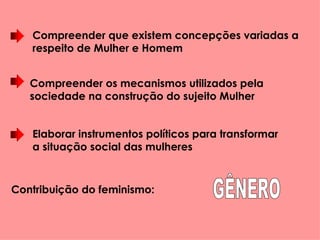 Elaborar instrumentos políticos para transformar a situação social das mulheres Contribuição do feminismo: Compreender que existem concepções variadas a respeito de Mulher e Homem   Compreender os mecanismos utilizados pela sociedade na construção do sujeito Mulher GÊNERO 