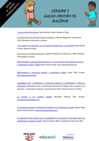 La cara oculta de la escuela, Gloria Arenas (Fuente: Mujeres en Red).
La escolarización de hijas de Familias Inmigrantes. Colección Mujeres en la Educación.
CIDE. Ministerio de Educación y Ciencia
Las madres en la educación, una voz siempre presente pero, ¿reconocida? Gloria Arenas
(Fuente: Mujeres en Red).
Las mujeres en el Sistema Educativo. Colección Mujeres en la Educación. CIDE. Ministerio
de Educación y Ciencia
Multiculturalidad y equidad entre los géneros: un nuevo examen de los debates en torno a
la "diferencia" en EEUU (1995) Nancy Fracer (Fuente: www.aulaintercultural.org)
Multiculturalismo, democracia paritaria y participación política, Rosa Cobo (Fuente:
www.aulaintercultural.org)
CONGRESO 2001 "CONSTRUIR LA ESCUELA DESDE LA DIVERSIDAD Y PARA LA
GUALDAD". Materiales previos y conclusiones del Grupo de Trabajo. Sexo y género en la
educación. Coordinación del grupo: Azucena Muñoz (CGT) y Branca Guerreiro (STEs).
La escuela y los modelos sexistas Mercedes Palencia Villa, (Fuente:
www.educacionenvalores.org)
La escuela que aprende. Perspectiva de Género en la organización escolar. Miguel Angel
Santos Guerra (Fuente: www.educacionenvalores.org)
La educación de las mujeres: de la marginalidad a la coeducación. Propuestas para una
metodología de cambio educativo, Marina Subirats, NNUU, Santiago de Chile, julio 1998.
 