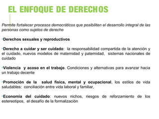 Permite fortalecer procesos democráticos que posibiliten el desarrollo integral de las
personas como sujetos de derecho
•Derechos sexuales y reproductivos
•Derecho a cuidar y ser cuidado: la responsabilidad compartida de la atención y
el cuidado, nuevos modelos de maternidad y paternidad, sistemas nacionales de
cuidado
•Violencia y acoso en el trabajo. Condiciones y alternativas para avanzar hacia
un trabajo decente
•Promoción de la salud física, mental y ocupacional, los estilos de vida
saludables: conciliación entre vida laboral y familiar,
•Economía del cuidado: nuevos nichos, riesgos de reforzamiento de los
estereotipos, el desafío de la formalización
EL ENFOQUE DE DERECHOS
 
