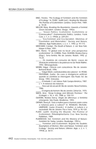 REGINA CÉLIA DI CIOMMO
442 Estudos Feministas, Florianópolis, 11(2): 423-443, julho-dezembro/2003
KING, Ynestra. “The Ecology of Feminism and the Feminism
of Ecology.” In: PLANT, Judith (ed.). Healing the Wounds:
The Promise of Ecofeminism. Londres: Green Print, 1989.
p. 18-28.
MELLOR, Mary. Breaking the Boundaries: towards a Feminist
Green Socialism. Londres: Virago, 1992a.
_____. “Green Politics: Ecofeminist, Ecofeminine or
Ecomasculine?” Environmental Politics, Londres: Frank
Cass, v. 1, n. 2, 1992b, p. 229-251.
_____. “Eco-Feminism and Eco-Socialism: Dilemmas of
Essentialism and Materialism.” Society and Nature,
Littletow: Aigis Publications, v. 2, n. 1, 1993. p. 97-115.
MERCHANT, Carolyn. The Death of Nature. 2. ed. New York:
Harper & Row, 1991.
MIES, Maria. “O global está no local: uma perspectiva
ecofeminista”. In: CORRAL, Thaís; OLIVEIRA, Rosiska Darcy
(Orgs.). Terra femina. Rio de Janeiro: Redeh, 1992. p.
15-25.
_____. Os modelos de consumo do Norte: causa da
destruição ambiental e da pobreza no Sul. Rede Mulher,
1993. Mimeografado.
MORIN, Edgar. Ciência com consciência. Rio de Janeiro:
Bertrand Brasil, 1996.
_____. “Edgar Morin, contrabandista dos saberes”. In: PESSIS-
PASTERNAK, Guitta. Do caos à inteligência artificial:
quando os cientistas se interrogam. São Paulo: Ed. da
Unesp, 1993. Entrevista.
_____. O método. 2. ed. Lisboa: Publ. Europa-América, 1987.
v. 1: A natureza da natureza.
_____ . Para sair do século XX. Rio de Janeiro: Nova Fronteira,
1986.
_____. O enigma do homem. Rio de Janeiro: Zahar Ed., 1975.
NAESS, Arne. “Deep Ecology and Ultimate Premises.” The
Ecologist, v. 18, n. 4/5, 1988, p. 128-131.
OLIVEIRA, Rosiska Darcy. Elogio da diferença: o feminino
emergente. São Paulo: Brasiliense, 1993.
ORTNER, Sherry B. “Está a mulher para o homem assim como
a natureza para a cultura?” In: ROSALDO, Michelle;
LAMPHERE, Louise (Coords.). A mulher, a cultura e a
sociedade. Rio de Janeiro: Paz e Terra, 1979. p. 95-120.
PLANT, Judith. Healing the Wounds: The Promise of
Ecofeminism. Philadelphia/Santa Cruz: New Society
Publishers, 1989.
PLUMWOOD, Val. Feminism and the Mastery of Nature:
Feminism for Today. Londres: Routledge, 1993 a.
_____. “Feminism and Ecofeminism: Beyond the Dualistic
Assumptions of Women, Men and Nature. Feminism and
Ecology.” Society and Nature, Littleton: Aigis, v. 2, n. 1,
1993b, p. 36-51.
 