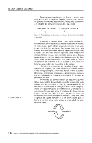 REGINA CÉLIA DI CIOMMO
430 Estudos Feministas, Florianópolis, 11(2): 423-443, julho-dezembro/2003
No caso que analisamos na figura 1, temos uma
relação circular, em que as proposições são antinômicas:
os gêneros construídos socialmente, masculino e feminino
em relação de complementaridade e oposição.
masculino → feminino → natureza → cultura
↑ ↓
Figura 1 – As proposições antinômicas em relação de complementaridade
e oposição
Natureza e cultura estão colocadas tendo por
referência os processos naturais nos quais os seres humanos
se inserem, dos quais retiram seu conhecimento e sua vida
e as construções culturais humanas derivadas do
conhecimento e do saber, que se apóiam na realidade
natural. Essa relação circular significa uma relação de
dependência mútua, que remete cada uma dessas
proposições em direção à outra e reciprocamente. Significa
ainda que, ao mesmo tempo que masculino e cultura
dependem do feminino e da natureza, a natureza e o
feminino dependem do masculino e da cultura.
Sempre se romperam os círculos viciosos, quer
isolando as proposições, quer escolhendo um dos termos
como princípio simples, ao qual se devem reduzir os outros.
Eliminar as antinomias, entretanto, é precisamente tornar a
cair sob o império de disjunção e simplificação do qual se
pretende escapar.
O método da complexidade já adquiriu algumas
idéias-guia: a idéia de que todo conceito, toda teoria, todo
conhecimento, toda ciência deve agora comportar dupla
ou múltipla entrada (física, biológica, antropossociológica),
duplo foco (objeto/sujeito) e constituir anel. O anel gera-se
ao mesmo tempo que gera; é produtor-de-si ao mesmo
tempo que produz. Não é um círculo vicioso, mas um
ecossistema fenomênico que é animado pela atividade
cognitiva do sujeito pensante.24
É um anel aberto que se
fecha e por isso pode desenvolver-se em espiral, ou seja,
produzir saber...
identidade alteridade
24
MORIN, 1987, p. 347.
 