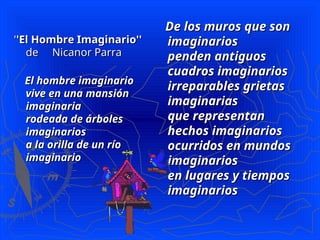 '
''El Hombre Imaginario''
'El Hombre Imaginario''
de Nicanor Parra
de Nicanor Parra
El hombre imaginario
El hombre imaginario
vive en una mansión
vive en una mansión
imaginaria
imaginaria
rodeada de árboles
rodeada de árboles
imaginarios
imaginarios
a la orilla de un río
a la orilla de un río
imaginario
imaginario
De los muros que son
De los muros que son
imaginarios
imaginarios
penden antiguos
penden antiguos
cuadros imaginarios
cuadros imaginarios
irreparables grietas
irreparables grietas
imaginarias
imaginarias
que representan
que representan
hechos imaginarios
hechos imaginarios
ocurridos en mundos
ocurridos en mundos
imaginarios
imaginarios
en lugares y tiempos
en lugares y tiempos
imaginarios
imaginarios
 