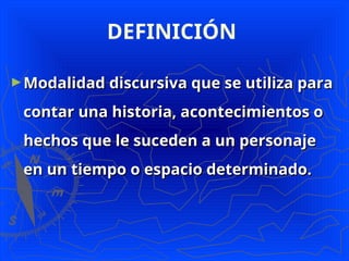 DEFINICIÓN
►Modalidad discursiva que se utiliza para
Modalidad discursiva que se utiliza para
contar una historia, acontecimientos o
contar una historia, acontecimientos o
hechos que le suceden a un personaje
hechos que le suceden a un personaje
en un tiempo o espacio determinado.
en un tiempo o espacio determinado.
 