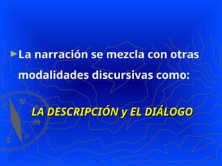 ►La narración se mezcla con otras
modalidades discursivas como:
LA DESCRIPCIÓN y EL DIÁLOGO
LA DESCRIPCIÓN y EL DIÁLOGO
 
