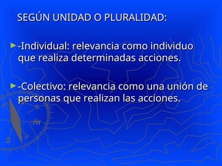 SEGÚN UNIDAD O PLURALIDAD:
SEGÚN UNIDAD O PLURALIDAD:
►-Individual: relevancia como individuo
-Individual: relevancia como individuo
que realiza determinadas acciones.
que realiza determinadas acciones.
►-Colectivo: relevancia como una unión de
-Colectivo: relevancia como una unión de
personas que realizan las acciones.
personas que realizan las acciones.
 