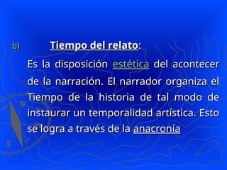 b)
b) Tiempo del relato
Tiempo del relato:
:
Es la disposición
Es la disposición estética del acontecer
del acontecer
de la narración. El narrador organiza el
de la narración. El narrador organiza el
Tiempo de la historia de tal modo de
Tiempo de la historia de tal modo de
instaurar un temporalidad artística. Esto
instaurar un temporalidad artística. Esto
se logra a través de la
se logra a través de la anacronía
anacronía
 
