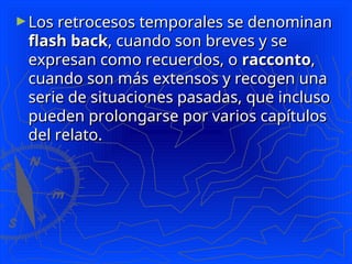 ►Los retrocesos temporales se denominan
Los retrocesos temporales se denominan
flash back
flash back, cuando son breves y se
, cuando son breves y se
expresan como recuerdos, o
expresan como recuerdos, o racconto
racconto,
,
cuando son más extensos y recogen una
cuando son más extensos y recogen una
serie de situaciones pasadas, que incluso
serie de situaciones pasadas, que incluso
pueden prolongarse por varios capítulos
pueden prolongarse por varios capítulos
del relato.
del relato.
 