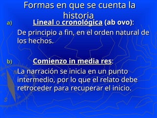 Formas en que se cuenta la
Formas en que se cuenta la
historia
historia
a)
a) Lineal
Lineal o
o cronológica
cronológica (ab ovo)
(ab ovo):
:
De principio a fin, en el orden natural de
De principio a fin, en el orden natural de
los hechos.
los hechos.
b)
b) Comienzo in media res
Comienzo in media res:
:
La narración se inicia en un punto
La narración se inicia en un punto
intermedio, por lo que el relato debe
intermedio, por lo que el relato debe
retroceder para recuperar el inicio.
retroceder para recuperar el inicio.
 