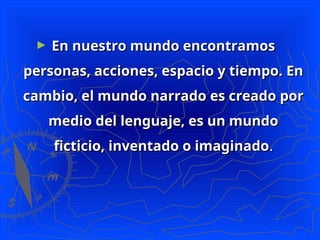► En nuestro mundo encontramos
En nuestro mundo encontramos
personas, acciones, espacio y tiempo. En
personas, acciones, espacio y tiempo. En
cambio, el mundo narrado es creado por
cambio, el mundo narrado es creado por
medio del lenguaje, es un mundo
medio del lenguaje, es un mundo
ficticio, inventado o imaginado
ficticio, inventado o imaginado.
.
 