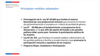 Principales medidas adoptadas:
 Promulgación de la Ley Nº 20.840 que Cambia el sistema
binominal por uno proporcional inclusivo que aumenta el número
de parlamentarios/as e incorpora un criterio de paridad de género.
 Ley N° 20.900 para el fortalecimiento y transparencia de la
democracia, en la que 10% del aporte del Estado a los partidos
políticos debe usarse para fomentar la participación política de
las mujeres.
 Ley Nº 20. 915 que fortalece el carácter público y democrático de
los partidos políticos y facilita su modernización y que promueve la
participación inclusiva y equitativa de las mujeres.
 Programa Mujer, Ciudadanía y Participación.
 