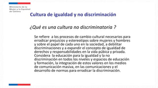Cultura de igualdad y no discriminación
¿Qué es una cultura no discriminatoria ?
Se refiere a los procesos de cambio cultural necesarios para
erradicar prejuicios y estereotipos sobre mujeres y hombres
y sobre el papel de cada uno en la sociedad, a debilitar
discriminaciones y a expandir el concepto de igualdad de
derechos y responsabilidades en la vida púbica y privada.
Considera la educación para la igualdad y la no
discriminación en todos los niveles y espacios de educación
y formación, la integración de estos valores en los medios
de comunicación masiva, en las comunicaciones y el
desarrollo de normas para erradicar la discriminación.
 