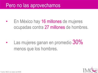 Pero no las aprovechamos

       •           En México hay 16 millones de mujeres
                   ocupadas contra 27 millones de hombres.


       •           Las mujeres ganan en promedio 30%
                   menos que los hombres.



Fuente: IMCO con datos de ENOE
 