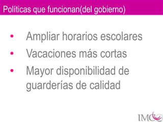 Políticas que funcionan(del gobierno)


  •   Ampliar horarios escolares
  •   Vacaciones más cortas
  •   Mayor disponibilidad de
      guarderías de calidad
 
