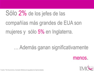Sólo 2% de los jefes de las
        compañías más grandes de EUA son
        mujeres y sólo 5% en Inglaterra.

                      … Además ganan significativamente
                                                                          menos.
Fuente: The Economist y Comisión Británica de Igualdad de Oportunidades
 