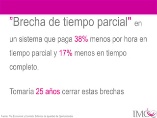 ”Brecha de tiempo parcial" en
        un sistema que paga 38% menos por hora en
        tiempo parcial y 17% menos en tiempo
        completo.

        Tomaría 25 años cerrar estas brechas

Fuente: The Economist y Comisión Británica de Igualdad de Oportunidades
 