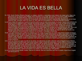 LA VIDA ES BELLALA VIDA ES BELLA
En 1939, Guido Orefice (Roberto Benigni), un alegre, divertido y carismático joven italiano de origen judío, llega a laEn 1939, Guido Orefice (Roberto Benigni), un alegre, divertido y carismático joven italiano de origen judío, llega a la
casa de su tío en Arezzo para trabajar como camarero en su hotel. Allí conoce a una joven y bella profesoracasa de su tío en Arezzo para trabajar como camarero en su hotel. Allí conoce a una joven y bella profesora
llamada Dora (Nicoletta Braschi, esposa en la vida real de Roberto Benigni), de la que se enamorallamada Dora (Nicoletta Braschi, esposa en la vida real de Roberto Benigni), de la que se enamora
inmediatamente y hace lo posible por conquistarla, llamándolainmediatamente y hace lo posible por conquistarla, llamándola princesaprincesa y saludándola alegremente con la frasey saludándola alegremente con la frase
¡Buenos días, princesa!¡Buenos días, princesa! cada vez que la ve, pero ella es la prometida de un fascista llamado Rodolfo.cada vez que la ve, pero ella es la prometida de un fascista llamado Rodolfo.
La primera mitad de la película muestra el cambio político que se está produciendo en el país. Guido imita la forma deLa primera mitad de la película muestra el cambio político que se está produciendo en el país. Guido imita la forma de
caminar de los soldados nazis y parodia sus teorías racistas y pseudocientíficas. Un día, al hotel donde trabajacaminar de los soldados nazis y parodia sus teorías racistas y pseudocientíficas. Un día, al hotel donde trabaja
Guido llega un médico, el doctor Lessing, (Horst Buchholz) que enseguida se hace amigo suyo, ya que los dosGuido llega un médico, el doctor Lessing, (Horst Buchholz) que enseguida se hace amigo suyo, ya que los dos
son aficionados a las adivinanzas y pasan el tiempo planteándoselas el uno al otro. Cuando en el hotel seson aficionados a las adivinanzas y pasan el tiempo planteándoselas el uno al otro. Cuando en el hotel se
celebra la fiesta de compromiso de Rodolfo y Dora, Guido llega y le confiesa sus sentimientos por ella. Dora, quecelebra la fiesta de compromiso de Rodolfo y Dora, Guido llega y le confiesa sus sentimientos por ella. Dora, que
nunca ha estado verdaderamente enamorada de Rodolfo, se va con Guido en su caballo pintado en verde.nunca ha estado verdaderamente enamorada de Rodolfo, se va con Guido en su caballo pintado en verde.
Mientras todo esto ocurre, el avance del fascismo es cada vez más evidente: el negocio del tío de Guido y suMientras todo esto ocurre, el avance del fascismo es cada vez más evidente: el negocio del tío de Guido y su
caballo aparecen frecuentemente cubiertos con pintadas y mensajes antisemitas.caballo aparecen frecuentemente cubiertos con pintadas y mensajes antisemitas.
Guido usa esta fantasía para justificar la realidad que les rodea: los guardias los tratan mal porque quieren el tanqueGuido usa esta fantasía para justificar la realidad que les rodea: los guardias los tratan mal porque quieren el tanque
para ellos y el número cada vez menor de niños (que están siendo asesinados) se debe a que están escondidospara ellos y el número cada vez menor de niños (que están siendo asesinados) se debe a que están escondidos
para ganar puntos. Guido consigue convencer a Giosuè para que no quiera marcharse diciéndole que van enpara ganar puntos. Guido consigue convencer a Giosuè para que no quiera marcharse diciéndole que van en
cabeza y sólo necesitan un poco más de tiempo para volver a casa con el tanque. A pesar de estar rodeados decabeza y sólo necesitan un poco más de tiempo para volver a casa con el tanque. A pesar de estar rodeados de
horror y muerte, Giosuè acaba creyéndolo todo gracias a la convincente historia que le cuenta su padre y a suhorror y muerte, Giosuè acaba creyéndolo todo gracias a la convincente historia que le cuenta su padre y a su
propia inocencia.propia inocencia.
Una noche se observa un gran revuelo en el campo: los alemanes se están retirando ante la llegada de los AliadosUna noche se observa un gran revuelo en el campo: los alemanes se están retirando ante la llegada de los Aliados
porque la guerra ha terminado, pero antes quieren matar a todos los prisioneros. Guido ordena a Giosuè que seporque la guerra ha terminado, pero antes quieren matar a todos los prisioneros. Guido ordena a Giosuè que se
esconda hasta que todo se calme, porque está a punto de ganar el premio. Mientras, él va en busca de Doraesconda hasta que todo se calme, porque está a punto de ganar el premio. Mientras, él va en busca de Dora
para salvarla, porque están eliminando a las mujeres. pero es sorprendido y fusilado por uno de los guardias. Apara salvarla, porque están eliminando a las mujeres. pero es sorprendido y fusilado por uno de los guardias. A
la mañana siguiente, los alemanes han huido y Giosuè sale de su escondite. De pronto aparece un tanque, quela mañana siguiente, los alemanes han huido y Giosuè sale de su escondite. De pronto aparece un tanque, que
él cree que es su premio. Son los americanos, liberando el campo. Le recogen y por el camino, ente losél cree que es su premio. Son los americanos, liberando el campo. Le recogen y por el camino, ente los
prisioneros liberados, Giosuè encuentra a su madre y le comunica que "han ganado".prisioneros liberados, Giosuè encuentra a su madre y le comunica que "han ganado".
La voz en off de Giosuè adulto, acaba:La voz en off de Giosuè adulto, acaba: Esta es mi historia. Ese es el sacrificio que hizo mi padre. Aquel fue el regaloEsta es mi historia. Ese es el sacrificio que hizo mi padre. Aquel fue el regalo
que tenía para míque tenía para mí..
 