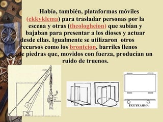 Había, también, plataformas móviles  ( ekkyklema ) para trasladar personas por la escena y otras ( theologheion )  que subían y bajaban para presentar a los dioses y actuar desde ellas. Igualmente se utilizaron  otros  recursos como los  bronteion , barriles llenos  de piedras que, movidos con fuerza, producían un ruido de truenos. 