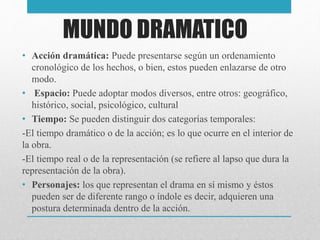 MUNDO DRAMATICO
• Acción dramática: Puede presentarse según un ordenamiento
cronológico de los hechos, o bien, estos pueden enlazarse de otro
modo.
• Espacio: Puede adoptar modos diversos, entre otros: geográfico,
histórico, social, psicológico, cultural
• Tiempo: Se pueden distinguir dos categorías temporales:
-El tiempo dramático o de la acción; es lo que ocurre en el interior de
la obra.
-El tiempo real o de la representación (se refiere al lapso que dura la
representación de la obra).
• Personajes: los que representan el drama en sí mismo y éstos
pueden ser de diferente rango o índole es decir, adquieren una
postura determinada dentro de la acción.
 