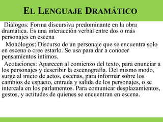 EL LENGUAJE DRAMÁTICO
●Diálogos: Forma discursiva predominante en la obra
dramática. Es una interacción verbal entre dos o más
personajes en escena
● Monólogos: Discurso de un personaje que se encuentra solo
en escena o cree estarlo. Se usa para dar a conocer
pensamientos íntimos.
●Acotaciones: Aparecen al comienzo del texto, para enunciar a
los personajes y describir la escenografía. Del mismo modo,
surge al inicio de actos, escenas, para informar sobre los
cambios de espacio, entrada y salida de los personajes, o se
intercala en los parlamentos. Para comunicar desplazamientos,
gestos, y actitudes de quienes se encuentran en escena.
 
