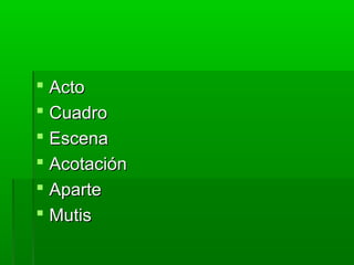  Acto
 Cuadro
 Escena
 Acotación
 Aparte
 Mutis
 