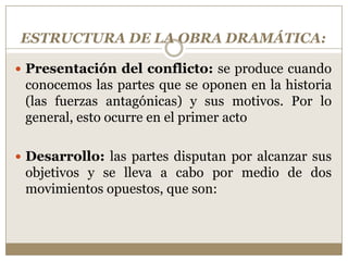 ESTRUCTURA DE LA OBRA DRAMÁTICA:

 Presentación del conflicto: se produce cuando
 conocemos las partes que se oponen en la historia
 (las fuerzas antagónicas) y sus motivos. Por lo
 general, esto ocurre en el primer acto

 Desarrollo: las partes disputan por alcanzar sus
 objetivos y se lleva a cabo por medio de dos
 movimientos opuestos, que son:
 